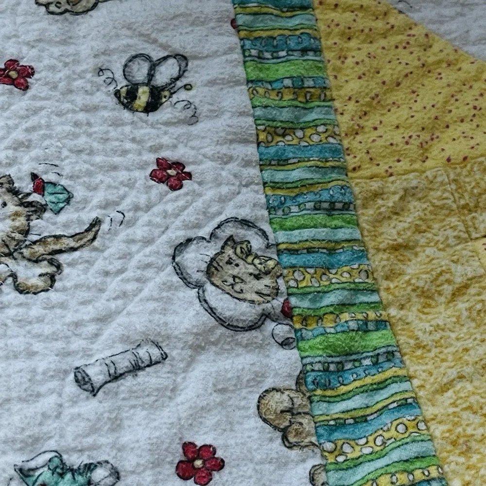 Vintage Flannel Baby Quilt Blanket Handmade Cats Dogs White Yellow Unisex  48x56